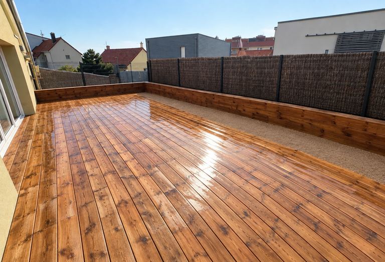 Terrasse en bois neuve et clôture en brande de bruyère