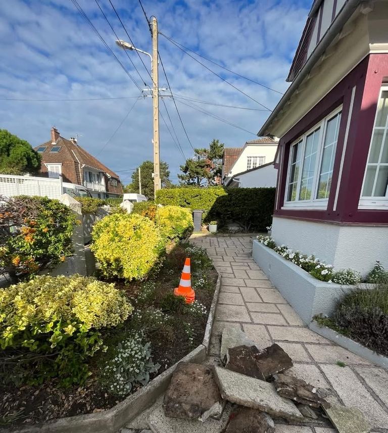 Avant : L’allée du jardin de devant, massifs conservés et replantés.